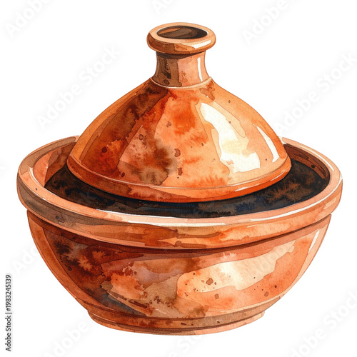 Watercolor illustration of a traditional, clay-pot Moroccan cooking vessel