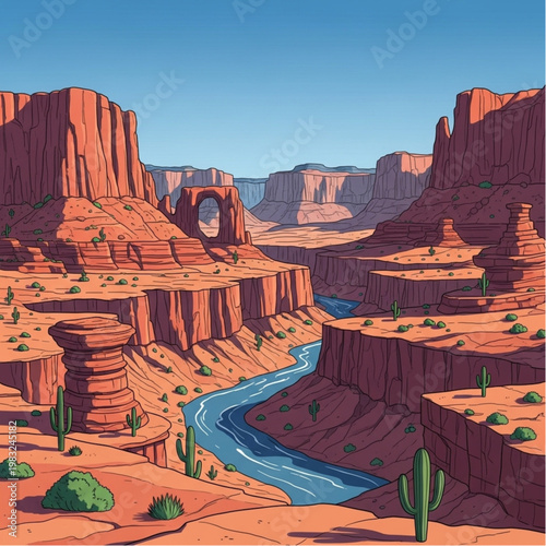 Illustrated Desert Landscape with River Canyon.
