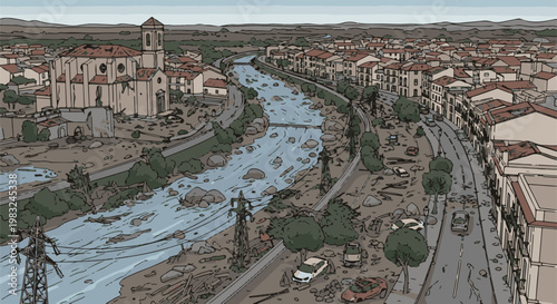 Aerial view of a flooded town with a river overflowing into streets and damaging buildings