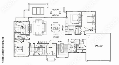 Architectural floor plan of a modern multi-room dwelling with garage
