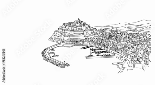 Aerial view sketch of a coastal town with a fortified hill overlooking a harbor
