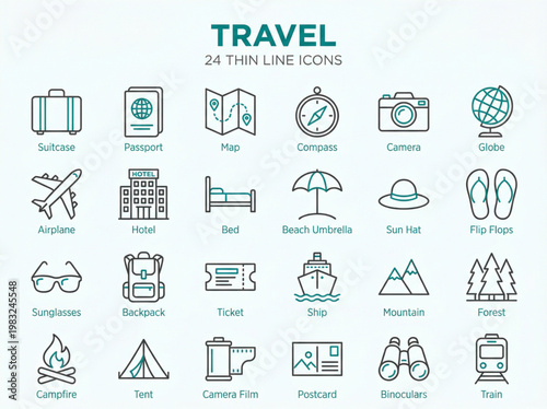 A comprehensive collection of twenty-four minimalist travel and vacation thin line icons featuring global exploration and adventure symbols