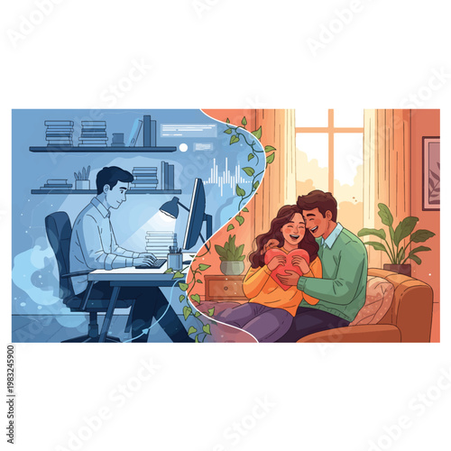 Distant love depicted through contrasting scenes man working remotely while couple embraces romantically, symbolizing connection despite separation, digital art. Flat Vector illustration