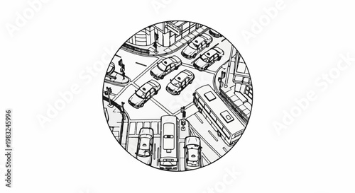 Aerial view of a bustling city intersection with cars and a bus