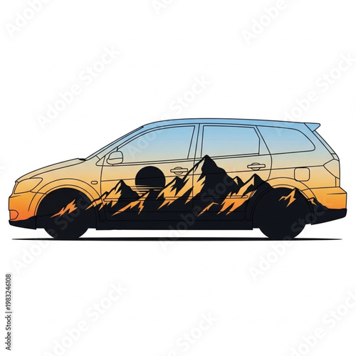 Illustration of SUV with Mountains Design.