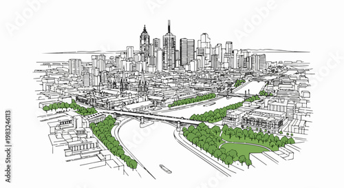 Aerial sketch of a modern city skyline with a river and parkland