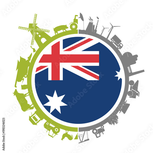 Circle with agricultural and heavy industry icons. Objects located around the circle. Flag of Australia in the center. Background for eco products. Business responsibility.