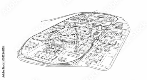 Aerial sketch of a large industrial complex with many interconnected buildings and smokestacks