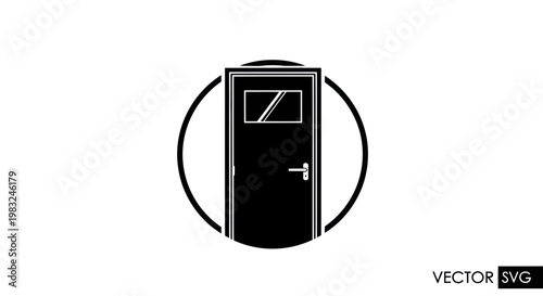 Simple Black and White Door Icon with Window and Circular Frame