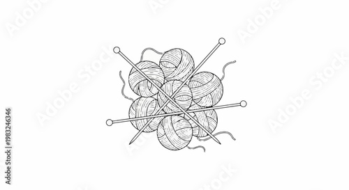 Balls of yarn and knitting needles arranged in a tangled cluster