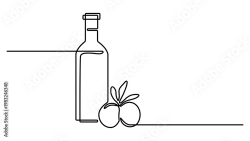 Continuous line drawing of a bottle of olive oil with two olives