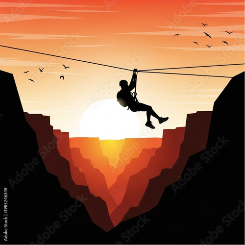 Man on Zipline at Sunset Silhouette.