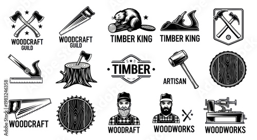 Vintage Woodworking Emblems & Tools: Beaver, Axe, Saw, Hammer, Lathe, Barrel