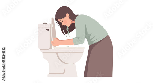 Woman Vomiting into Toilet Bowl, Illness and Sickness Concept