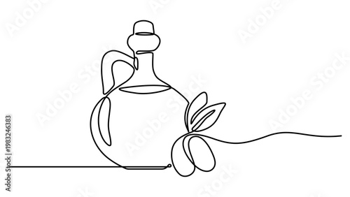 Continuous line drawing of olive oil bottle and olives