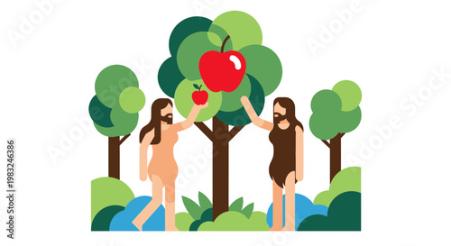 Adam and Eve picking the forbidden fruit from the tree of knowledge in Eden