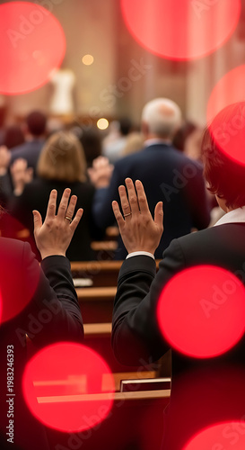 A view of two individuals with their hands raised in worship during a congregational church service