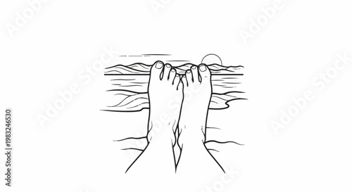 Bare feet at the ocean's edge with a rising sun in the background