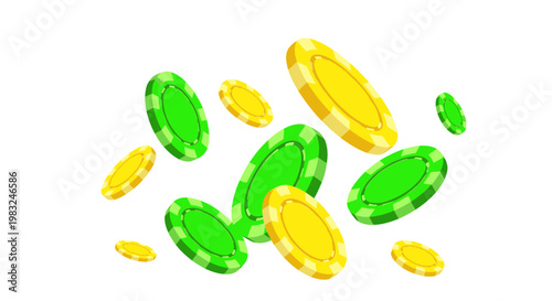 Flying Casino Chips, Green and Yellow, Isolated on White Background