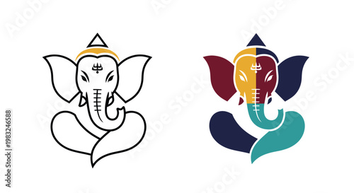 Ganesha Icon Set: Outline and Colorful Vector Art