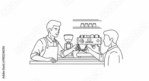 Barista serves coffee, steaming machine, grinder, cups on shelf