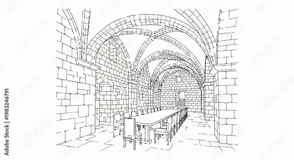 Fototapeta premium Ancient stone hall with arched ceiling and long dining table set for a feast