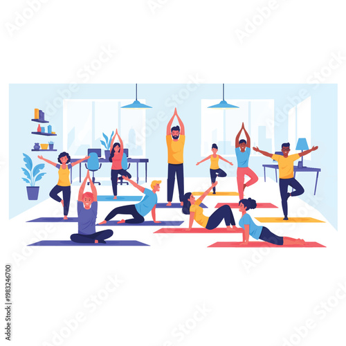 Diverse group of people practicing yoga poses on mats in a bright, modern office with large windows, promoting wellness and flexibility. Flat Vector illustration