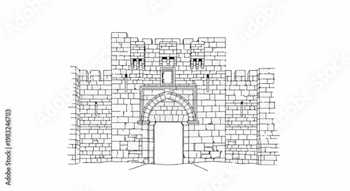 Ancient stone fortress gate with crenellations and arched entrance