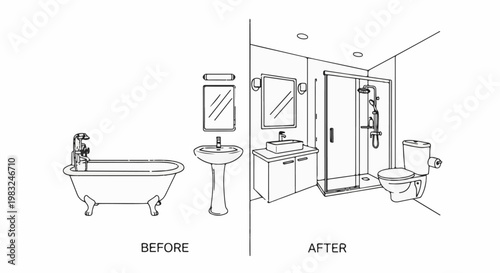 Bathroom renovation comparison before and after, featuring plumbing fixtures