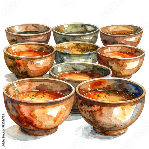 Watercolor illustration of nine bowls, filled with various soups or stews, some with ingredients