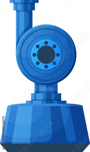 Blue industrial centrifugal pump with flange connecting piping on white background