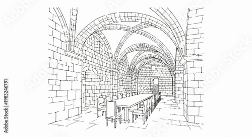 Ancient stone hall with arched ceiling and long dining table set for a feast