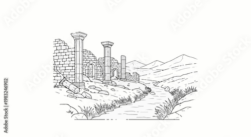 Ancient stone ruins with columns stand beside a winding stream and rolling hills