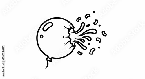 Black outline illustration of a balloon bursting, with fragments flying