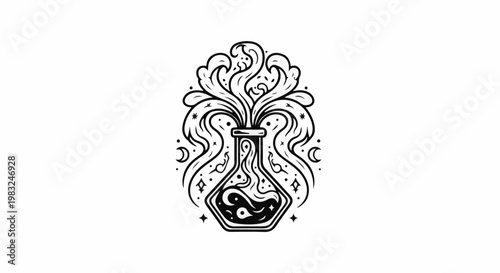 Black and white illustration of a bubbling potion in a flask, with celestial motifs