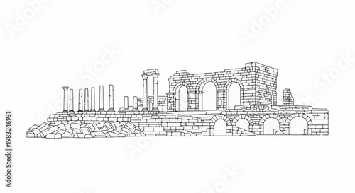 Ancient stone ruins with arches and columns, etched on white