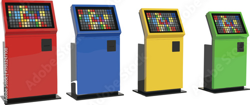 Colorful touchscreen kiosk collection with interactive display, digital interface, ticketing system, public information, modern technology service variations set