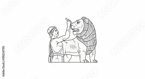 Ancient warrior grappling with a fierce lion in a stylized artistic depiction