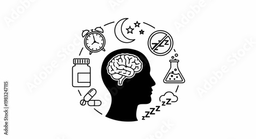 Black silhouette of a head with a brain, surrounded by sleep icons