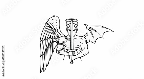 Angelic demon holding a sword, one feathered wing, one bat wing