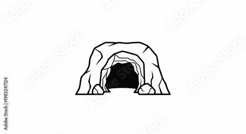 Black and white illustration of a cave entrance with rocks and dark interior