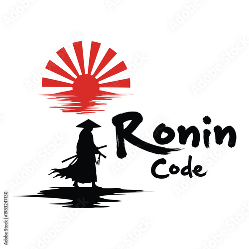 Ronin code logo with samurai and rising sun symbol tshirt design