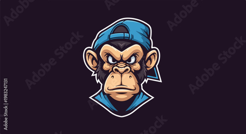 Angry cartoon ape head wearing a blue baseball cap and shirt