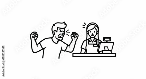 Angry customer yelling at a startled cashier at a checkout counter