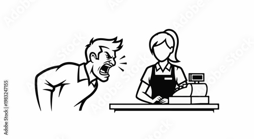 Angry customer yelling at cashier behind counter with cash register