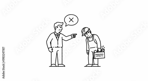 Angry supervisor scolds a discouraged worker holding a 'personal effects' box