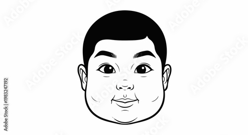 Black and white illustration of a child's round face with dark hair and wide eyes