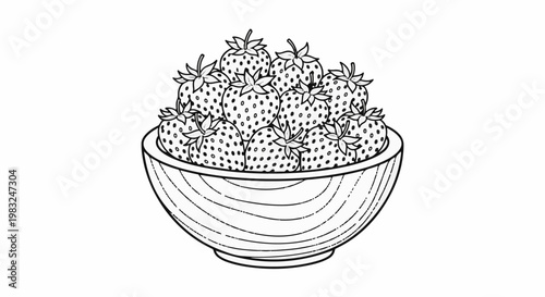 Black and white illustration of a bowl overflowing with ripe strawberries