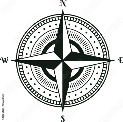 Black and white compass rose design providing orientation and navigation