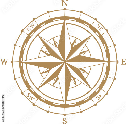 Compass rose vector illustration representing orientation, travel, and strategic planning
